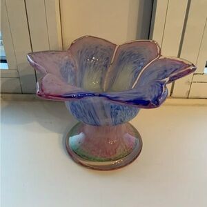 Vintage Hand Blown Glass Flower Dish/Candle Holder- Pink, Blue, White, Green